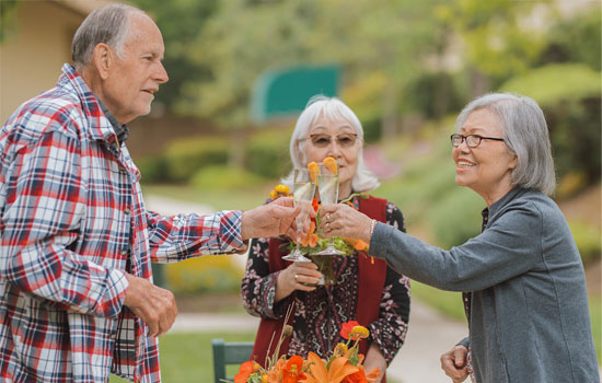 amenities-you-love-1 Senior residents toast glasses at Summerfield of Roseville Memory Care in Roseville, CA